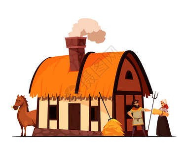 中世纪农民家庭与孵化屋顶房子后院马堆叠干草卡通矢量插图中世纪农户卡通插图图片