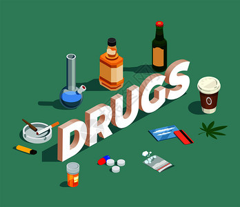 药物等距成分与酒精,药丸粉末,香烟,咖啡绿色背景矢量插图药物等距成分图片
