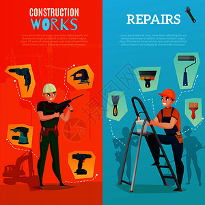 套垂直横幅与工人建筑工具的施工场景修理矢量插图建筑工人垂直横幅图片