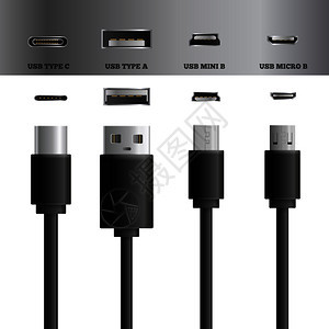 真实的USB电缆连接器类型的图像集与现代类型的USB插头插座矢量插图USB电缆插座套图片