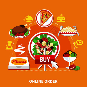 比萨饼线订购圆形构图,平图像,各种餐厅菜肴剪影象形文字矢量插图买披萨圆作文图片