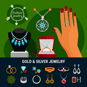 收集珠宝图标与时尚金银戒指,耳环,胸针,螺柱,手镯矢量插图珠宝图标收藏图片