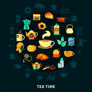 茶时间圆形构图与热饮,杯子,茶壶,牛奶,糕点深蓝色背景矢量插图茶时间圆形构图图片
