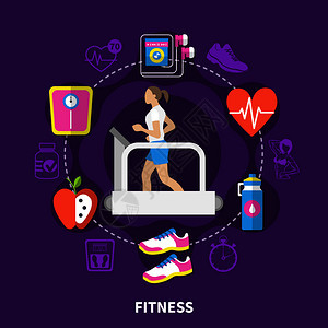 健身圆形构图与跑步妇女跑步机,天平,音乐播放器紫色背景平矢量插图健身圆形作文图片