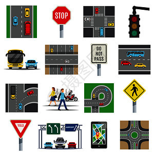交通灯标志条例道路交叉口安全规则行人过路平图标收集孤立矢量插图交通标志平图标收集图片