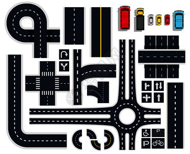 黑白交通道路交叉口元素顶部视图与招牌彩色车辆图标矢量插图交通道路顶部视图图片
