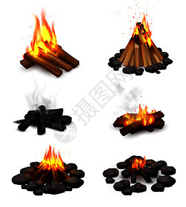 真实的篝火烟雾集六个图像与篝火同的点燃烧矢量插图现实的热气腾腾的篝火收藏图片