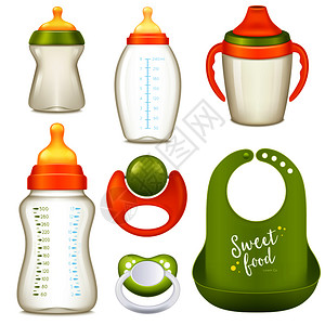 逼真的婴儿奶瓶,套隔离的吸奶瓶,用于牛奶水,并附假人矢量插图护理婴儿瓶收集图片
