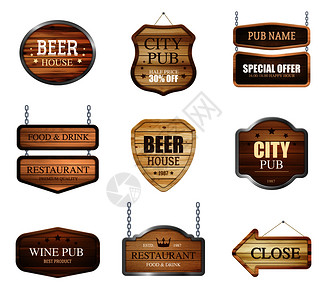 逼真的木制纹理标志集的孤立标志板图像为酒吧餐厅与可编辑的文本矢量插图木制商店标志收集背景图片