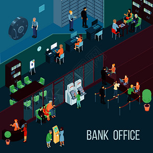 银行办公室等距矢量插图与员工客户终端银行金库矢量插图银行办公室等距插图图片