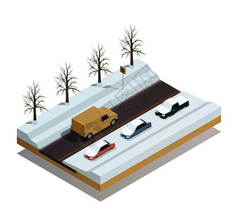 冬季道路与骑皮卡汽车停路边雪等距构图矢量插图冬季道路景观等距成图片
