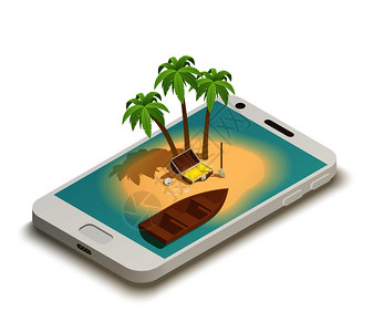 童话等距构图智能手机屏幕上与岛船棕榈海盗宝藏胸部矢量插图童话智能手机等距成背景图片