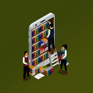 线电子学与智能手机等距符号成与图书馆手机屏幕书架矢量插图电子学智能手机等距成图片