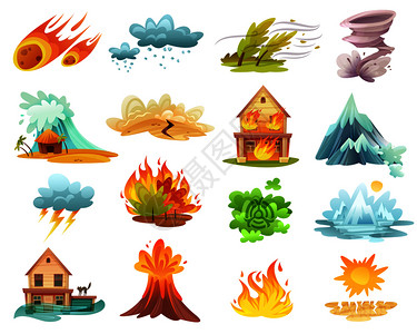 自然灾害卡通图标与火灾,海啸,洪水,火山爆发,冰融孤立矢量插图自然灾害卡通图标图片