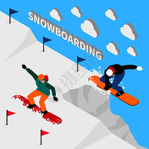冬季运动等距的人成与滑雪板骑手人物统与三维文本云矢量插图滑雪板轨道等距成图片