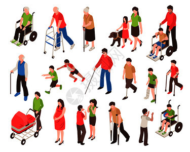 等距残疾人轮椅,假肢,盲人老人矢量插图残疾人等距装置背景图片