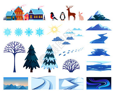 冬季景观元素与房屋树木雪隔离的平矢量插图冬季景观元素图片