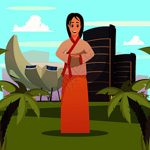 新加坡旅游景点正交海报与欢迎妇女服装观光地标背景矢量插图新加坡女地标背景海报图片