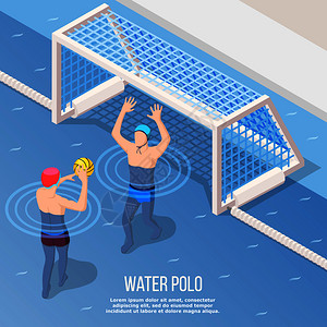 水球等距背景与运动员投掷球门游泳池矢量插图水球等距背景背景图片