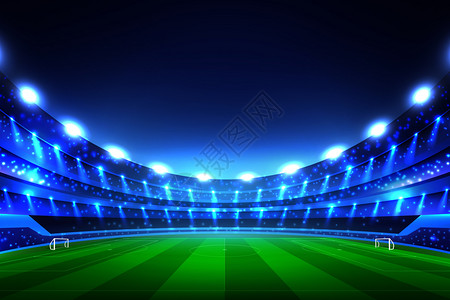 足球场透视背景与绿色草坪白色大门,法庭与聚光灯,蓝天矢量插图足球体育场背景图片