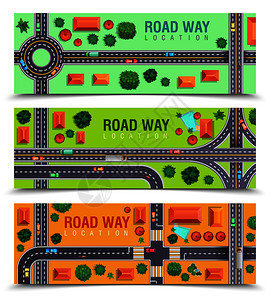 水平横幅与道路,包括十字路口,路口,车辆,建筑物上的彩色背景隔离矢量插图巷道水平横幅图片