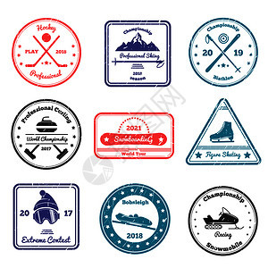 冬季运动邮票,各种形状与滑雪,自行车,曲棍球,花样滑冰,滑雪板孤立矢量插图冬季运动邮票图片