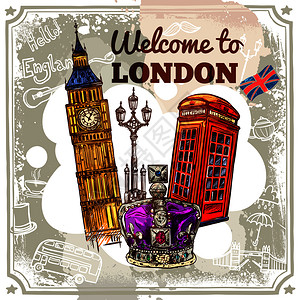 欢迎来伦敦素描海报与旅游景点符号矢量插图伦敦素描海报图片