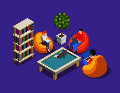与人合作的等距构图与人的角色坐五颜六色的豆袋椅子与笔记本电脑书籍矢量插图工作作文上放松图片