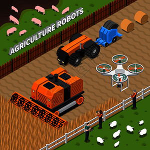 等距成与农业机器人,包括无人机,联合,拖拉机干草工人与控制器矢量插图农业机器人等距成图片