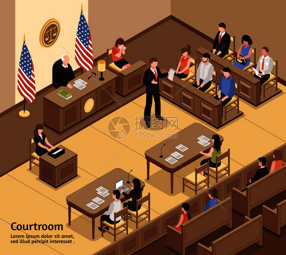 司法等距矢量插图与陪审被告倡导办事员观众人物法庭内部法庭等距插图图片