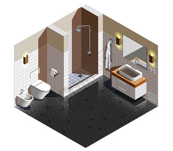 浴室内部等距成与米黄色白色墙壁灰色瓷砖地板,淋浴,卫生洁具矢量插图浴室内部等距成图片