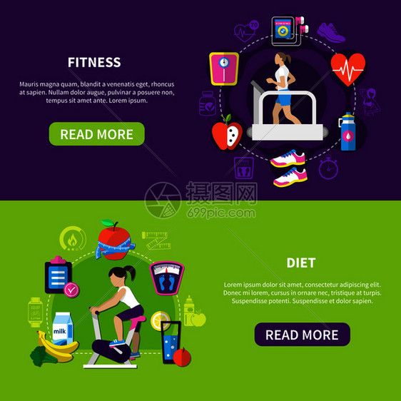 套平水平横幅与健身饮食食品隔离紫色绿色背景矢量插图健身饮食水平横幅图片