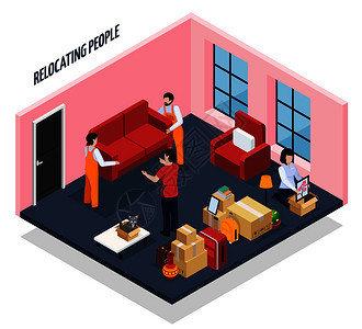 重新定位人们的等距成与装载机携带沙发公寓,堆叠家庭材料盒子矢量插图重新定位人们的等距构图图片