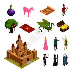童话等距图标城堡公主宝箱魔术地毯孤立矢量插图童话等距图标图片