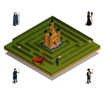 童话迷宫游戏与中世纪城堡女巫士兵骑士龙图等距构图矢量插图童话游戏等距构图图片