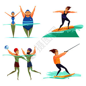 人们水上运动2x2卡通孤立白色背景矢量插图上水上运动理念图片