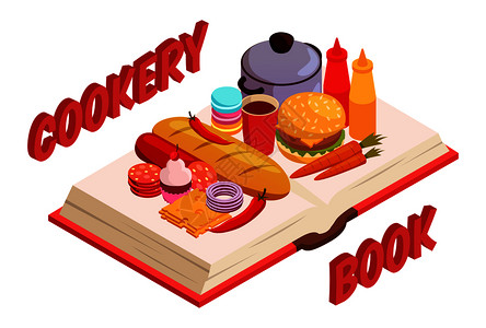 烹饪书等距成与包糖果,汉堡香肠,奶酪,蔬菜平底锅矢量插图烹饪书等距构图图片