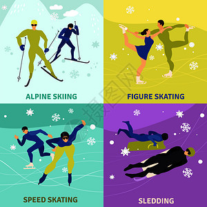 冬季运动2x2与雪橇高山滑雪速度花样滑冰广场图标平矢量插图冬季运动2x2理念图片