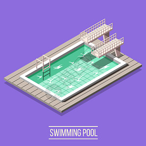 等距游泳池成与分离图像的鱼高跳水板水矢量插图游泳池等距成背景图片