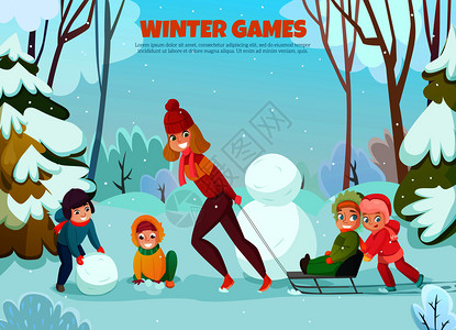 幼儿园冬季散步与儿童成人雪人平矢量插图幼儿园冬季散步插图图片