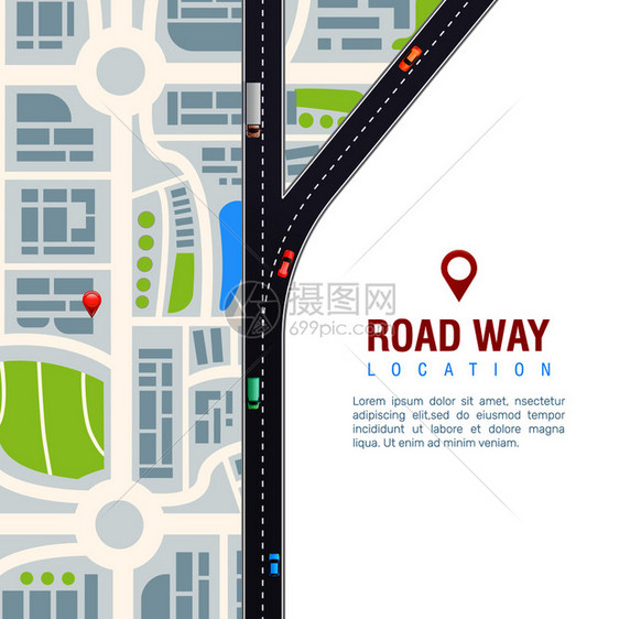 公路导航海报与公路上的车辆,城市与位置标志白色背景矢量插图道路导航海报图片