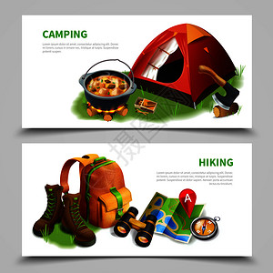 两个水平露营现实传单露营徒步旅行标题彩色现实矢量插图露营写实传单套装图片