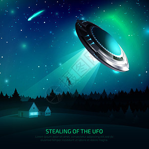 外星人航天器海报与飞碟期间绑架人夜空背景矢量插图外星飞船绑架海报背景图片