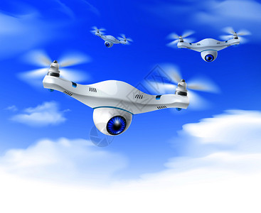 白色现代监视无人机明亮的蓝天背景海报现实矢量插图飞行现实的白色无人机蓝天背景图片