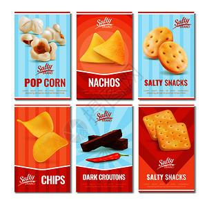 咸食卡收集六个垂直广告与现实图像的小零食片文本矢量插图咸牌小吃卡图片