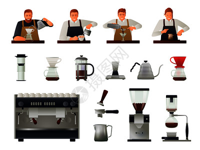 咖啡师咖啡设备梯度与咖啡豆平隔离矢量插图咖啡师咖啡套图片