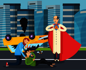 超级英雄城市平背景与青少道路事故后,由于Dashing驱动卡通矢量插图超级英雄城市平背景图片