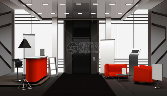 写实大堂内部橙色灰色与接待处,等候区附近的电梯,横幅矢量插图现实的大厅内部图片