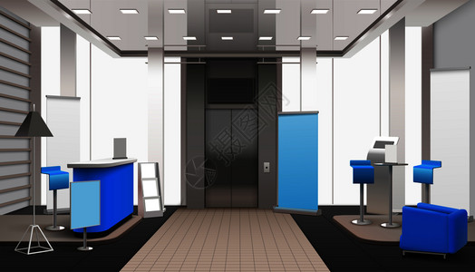 写实大堂内部,电梯区,灰色与蓝色元素,包括接待处,扶手椅矢量插图现实大堂内部蓝色元素图片