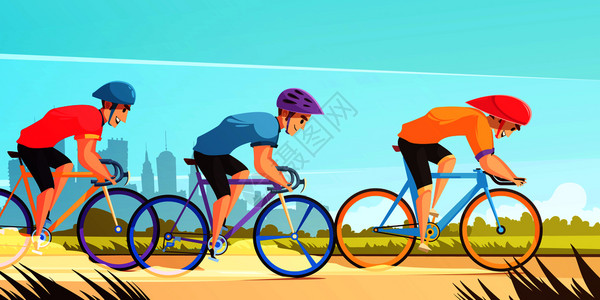 乡村道路自行车比赛卡通海报与三名骑手制服球衣头盔矢量插图循环竞技赛车卡通插图图片